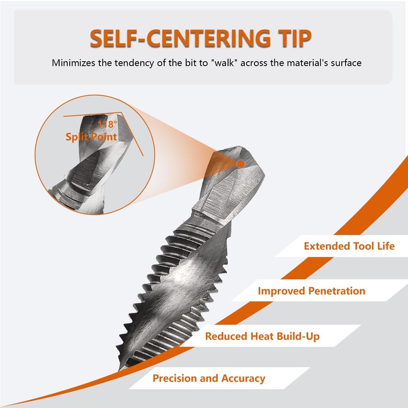 Hymnorq 5-Piece High-Speed Steel Combination Tap and Drill Bit Set â€“ M6 x 1mm, Fully Ground, 1/4" Hex Shank, Dual Twist Flute, 118Â° Split Point - Image 3